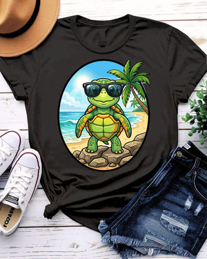 Beach bum turtle tee with sunglasses drinking coconut