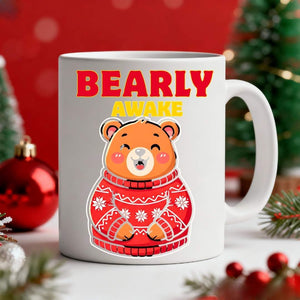 Bearly Awake Christmas Mug – funny sleepy bear meme ceramic coffee mug for holiday mornings by Memez.Store.