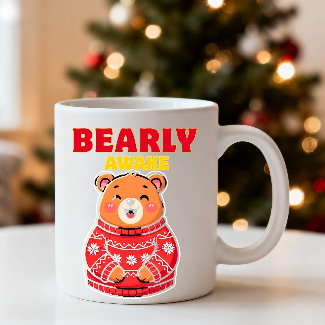Bearly Awake Christmas Mug – funny sleepy bear meme ceramic coffee mug for holiday mornings by Memez.Store.