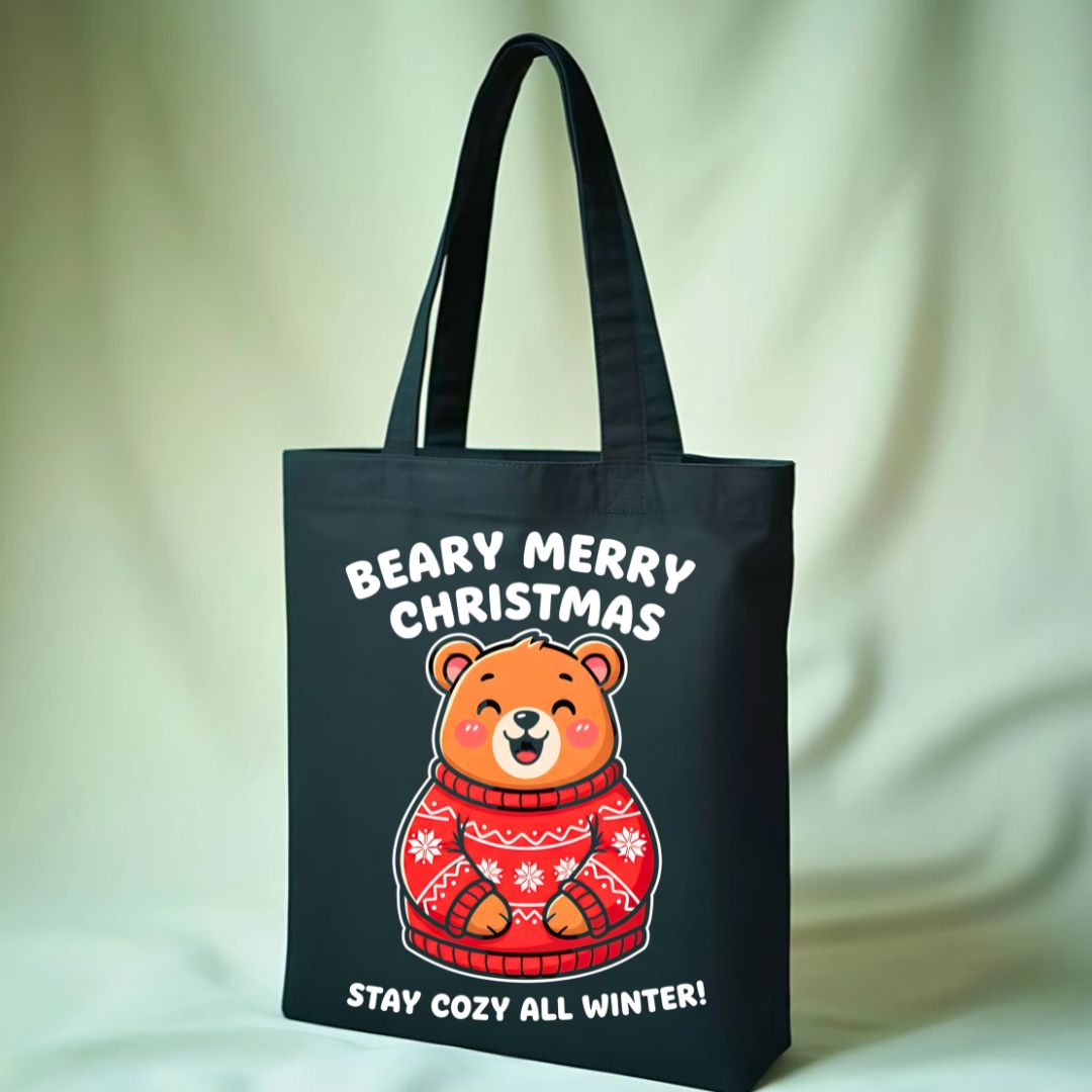 Beary Merry Christmas Tote Bag with cute bear in sweater design