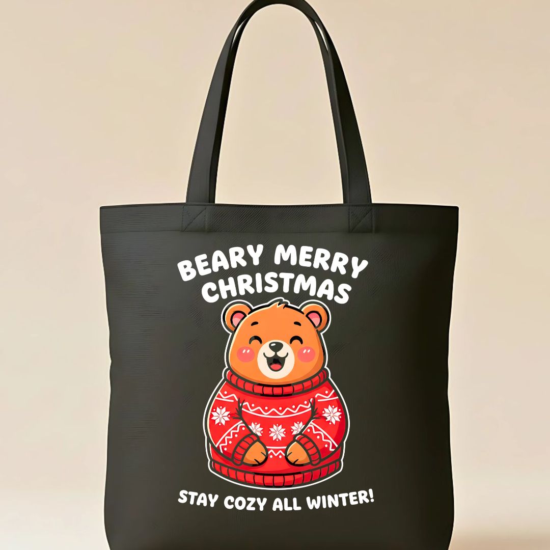 Beary Merry Christmas Tote Bag with cute bear in sweater design