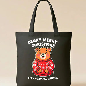 Beary Merry Christmas Tote Bag with cute bear in sweater design