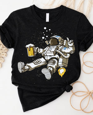 Beer in space t-shirt with retro astronaut drinking in zero gravity