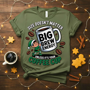 “Big Brew Energy Christmas Meme Funny Tee – coffee lover holiday t-shirt for caffeine fans.