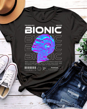 Bionic Streetwear Tee with cybernetic human silhouette on model