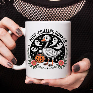 Halloween meme mug with skeleton goose honker design