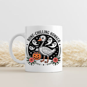 Halloween meme mug with skeleton goose honker design