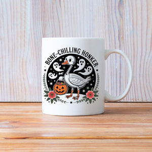 Halloween meme mug with skeleton goose honker design