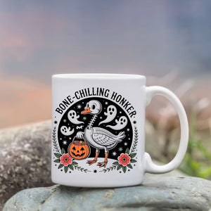 Halloween meme mug with skeleton goose honker design