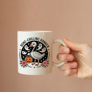 Halloween meme mug with skeleton goose honker design