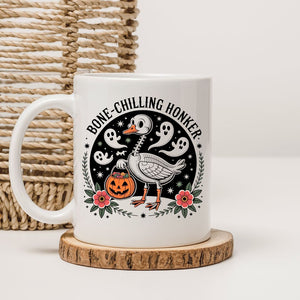 Halloween meme mug with skeleton goose honker design