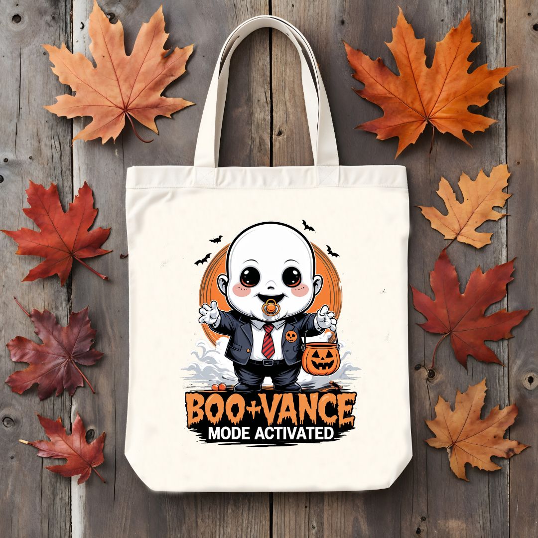 “Boo Vance Halloween Tote Bag” – a cotton canvas bag with a ghost pun design by Memez Store, perfect for spooky season shopping or candy runs.