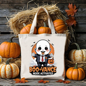 “Boo Vance Halloween Tote Bag” – a cotton canvas bag with a ghost pun design by Memez Store, perfect for spooky season shopping or candy runs.