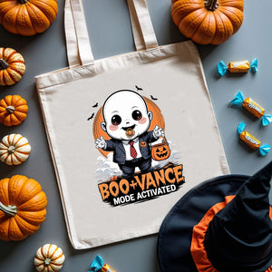“Boo Vance Halloween Tote Bag” – a cotton canvas bag with a ghost pun design by Memez Store, perfect for spooky season shopping or candy runs.