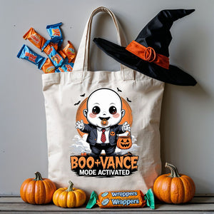 “Boo Vance Halloween Tote Bag” – a cotton canvas bag with a ghost pun design by Memez Store, perfect for spooky season shopping or candy runs.