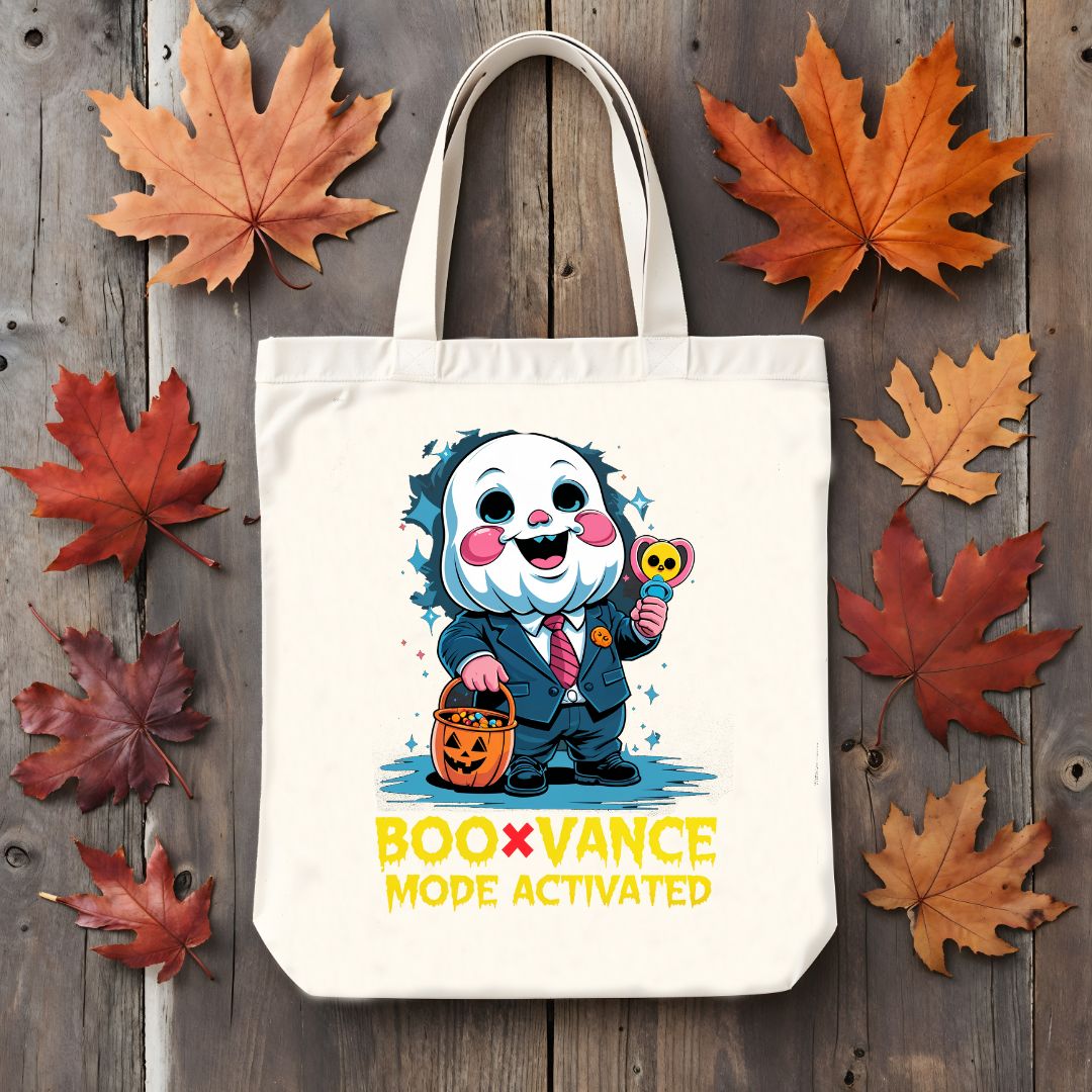 Boo Vance Halloween Tote Bag with ghost and pun design on cotton canvas – perfect for fall outings and spooky season.