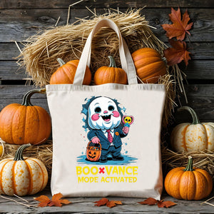 Boo Vance Halloween Tote Bag with ghost and pun design on cotton canvas – perfect for fall outings and spooky season.