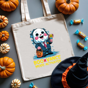 Boo Vance Halloween Tote Bag with ghost and pun design on cotton canvas – perfect for fall outings and spooky season.