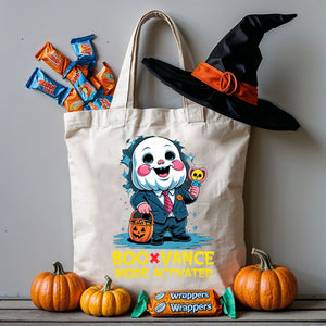 Boo Vance Halloween Tote Bag with ghost and pun design on cotton canvas – perfect for fall outings and spooky season.