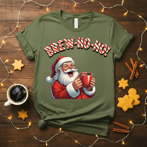 Brew Ho Ho Christmas Meme Funny Tee – Funny holiday coffee lover t-shirt, Christmas caffeine humor shirt, Santa coffee meme tee.