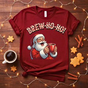 Brew Ho Ho Christmas Meme Funny Tee – Funny holiday coffee lover t-shirt, Christmas caffeine humor shirt, Santa coffee meme tee.
