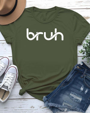 Bruh Funny Typographical Tee in bold lettering displayed on unisex t-shirt