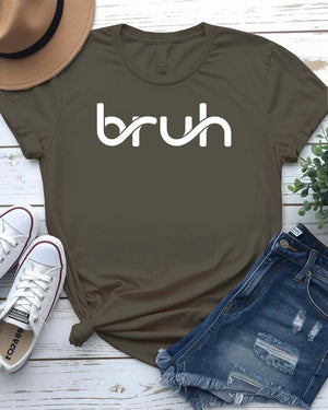 Bruh Funny Typographical Tee in bold lettering displayed on unisex t-shirt