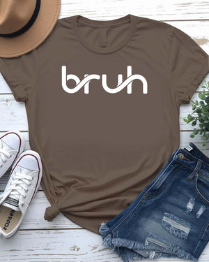 Bruh Funny Typographical Tee in bold lettering displayed on unisex t-shirt