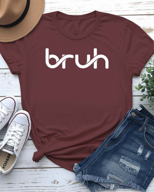 Bruh Funny Typographical Tee in bold lettering displayed on unisex t-shirt