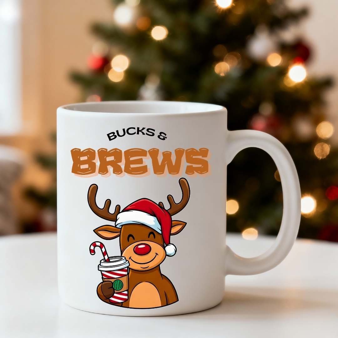 Bucks & Brew Christmas Coffee Mug β funny deer meme holiday mug for coffee lovers by Memez.Store