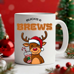 Bucks & Brew Christmas Coffee Mug – funny deer meme holiday mug for coffee lovers by Memez.Store