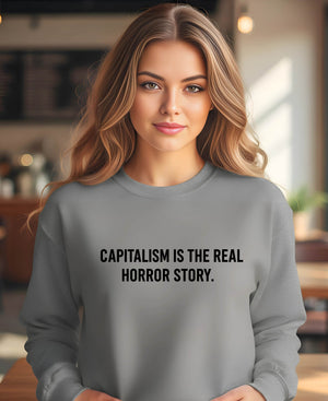 Sarcastic spooky season pullover with anti-capitalism message