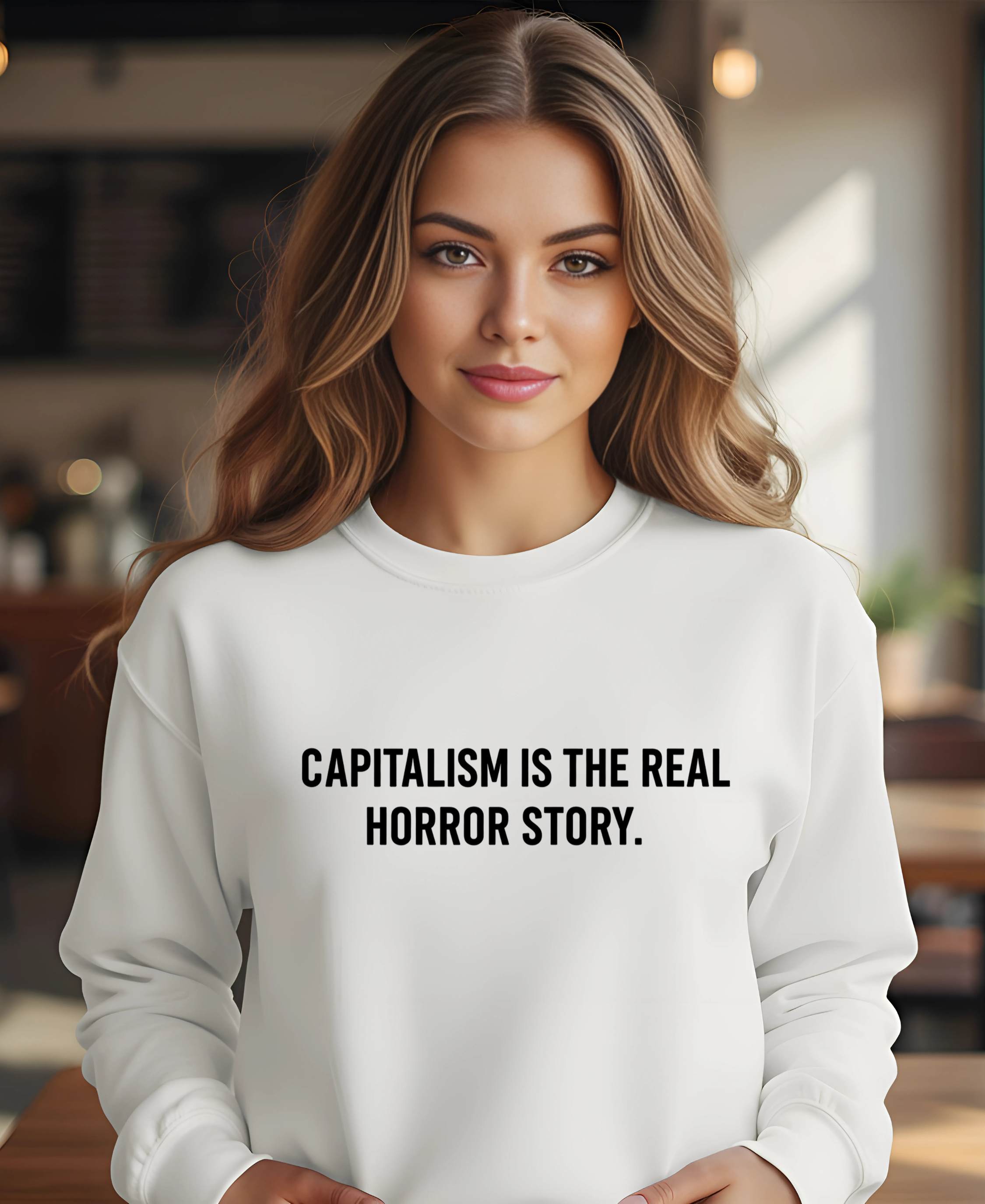 Comfy spooky sweatshirt with capitalism horror story print”