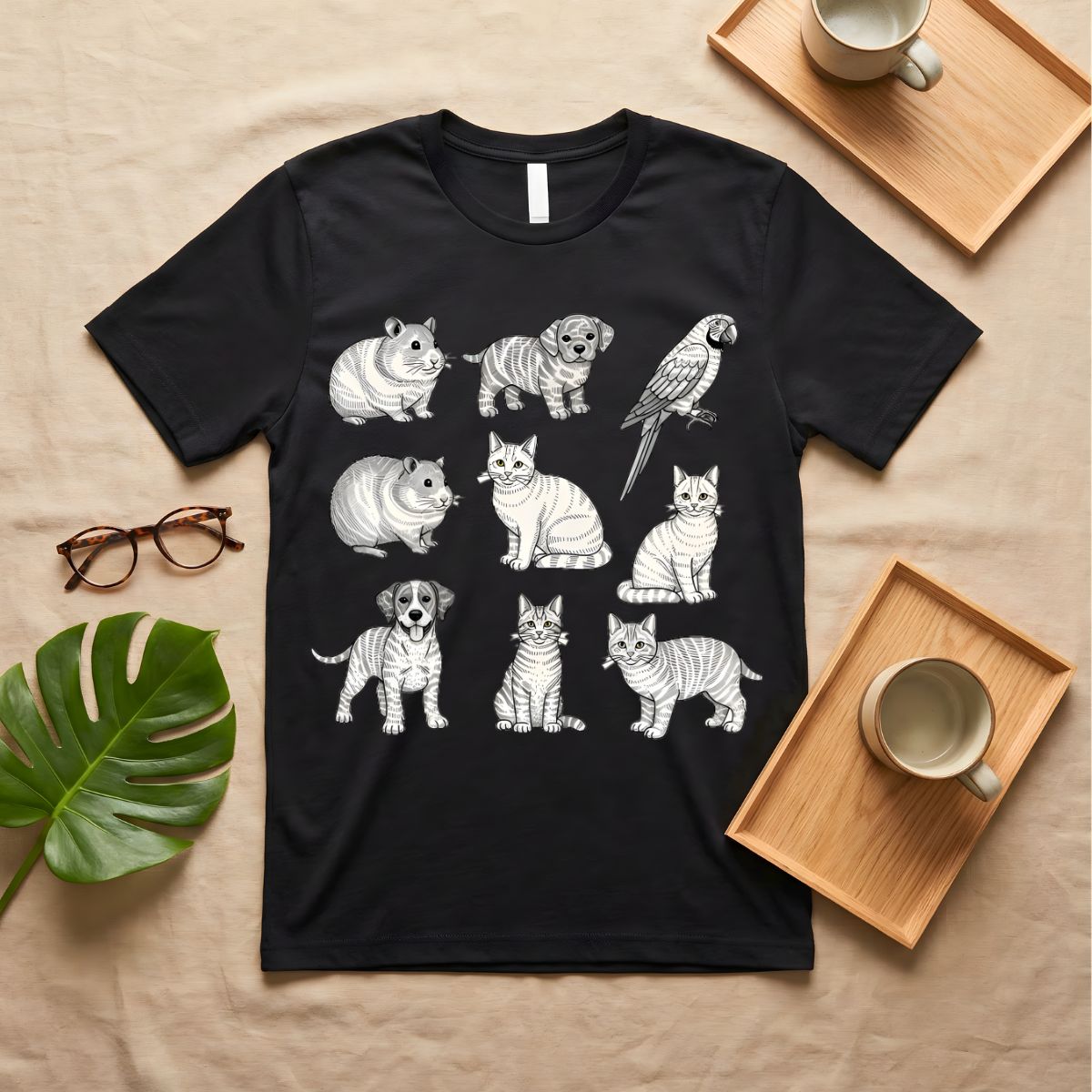 Hand drawn cat and dog line art graphic tee