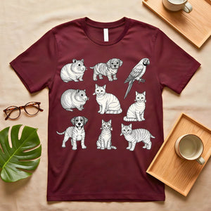 Hand drawn cat and dog line art graphic tee