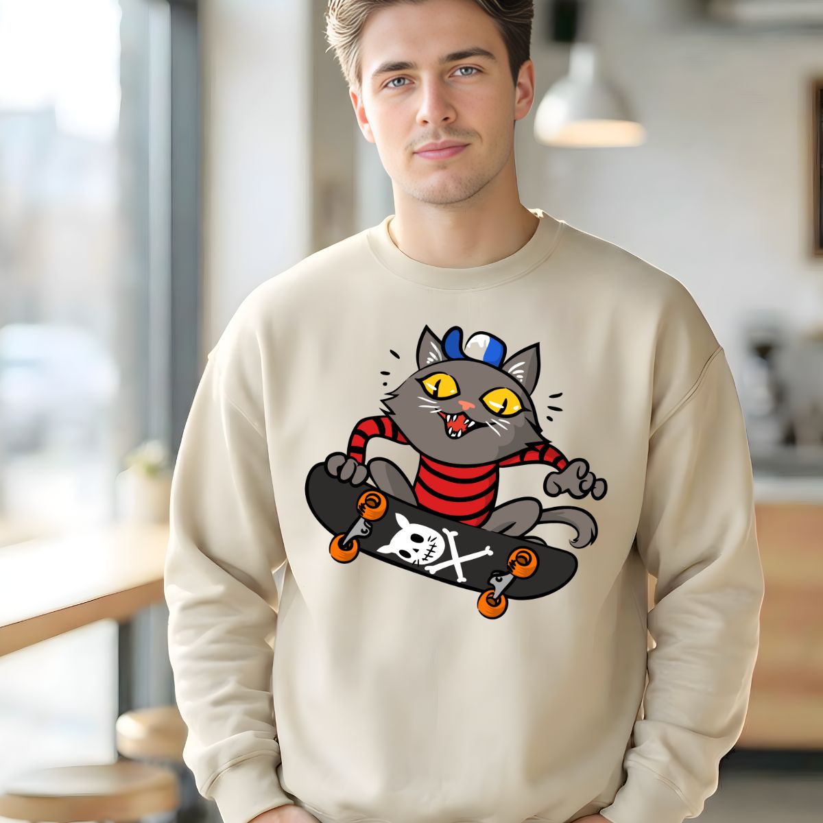 Skate cat crewneck sweatshirt unisex fit