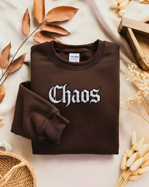 Streetwear embroidered sweatshirt with chaos text design"