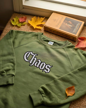 Streetwear embroidered sweatshirt with chaos text design"