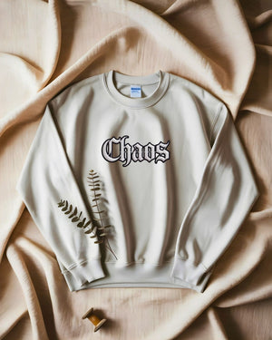Streetwear embroidered sweatshirt with chaos text design"