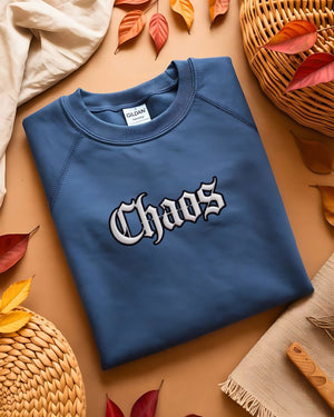 Streetwear embroidered sweatshirt with chaos text design"