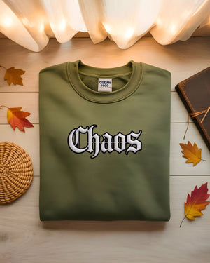 Streetwear embroidered sweatshirt with chaos text design"
