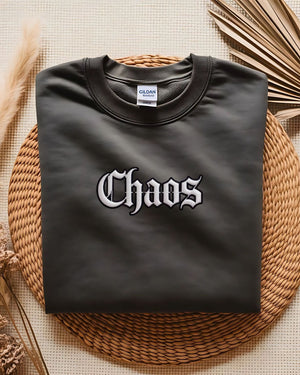 Streetwear embroidered sweatshirt with chaos text design"