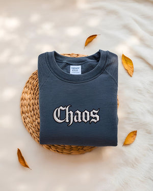 Streetwear embroidered sweatshirt with chaos text design"