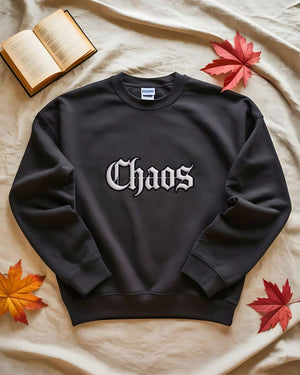 Streetwear embroidered sweatshirt with chaos text design"