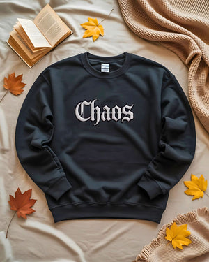 Streetwear embroidered sweatshirt with chaos text design"