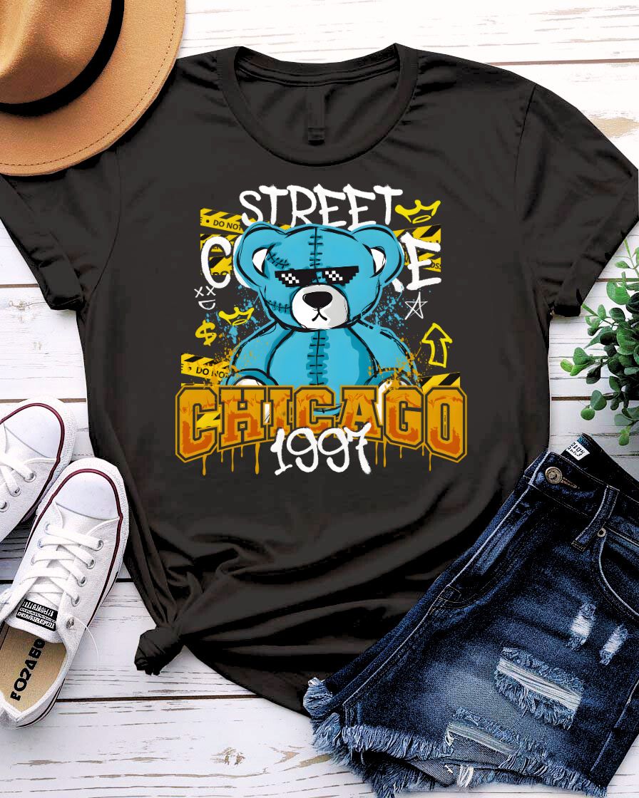Chicago 1997 Streetwear Tee with retro skyline graphic on model