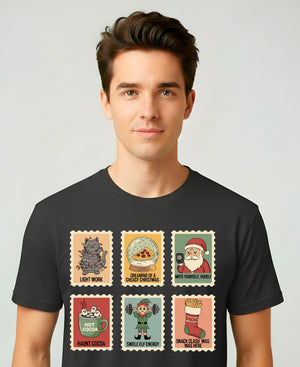 “Christmas Stamp Collection Meme Funny Tee – funny holiday meme t-shirt with retro stamp collage design”