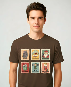 “Christmas Stamp Collection Meme Funny Tee – funny holiday meme t-shirt with retro stamp collage design”