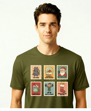 “Christmas Stamp Collection Meme Funny Tee – funny holiday meme t-shirt with retro stamp collage design”