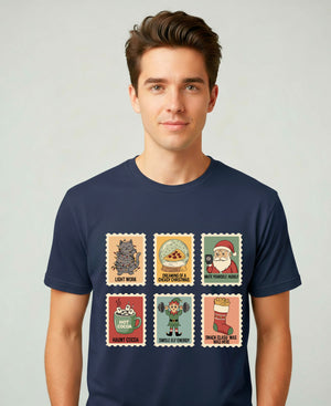 “Christmas Stamp Collection Meme Funny Tee – funny holiday meme t-shirt with retro stamp collage design”